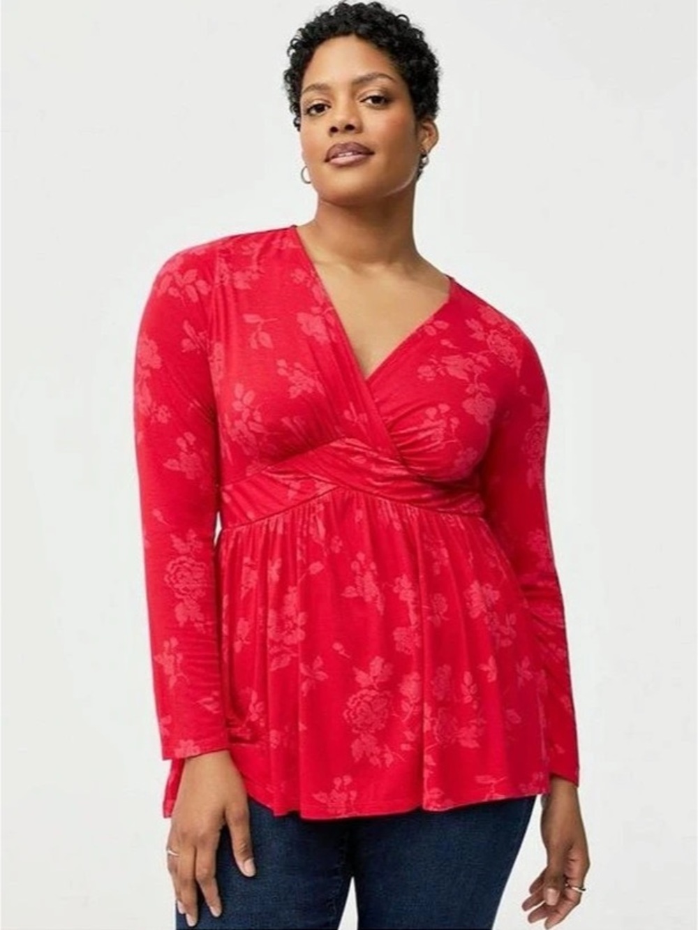 Torrid Twist Front Slinky Babydoll Tunic Top Floral Tunic Top ( red)